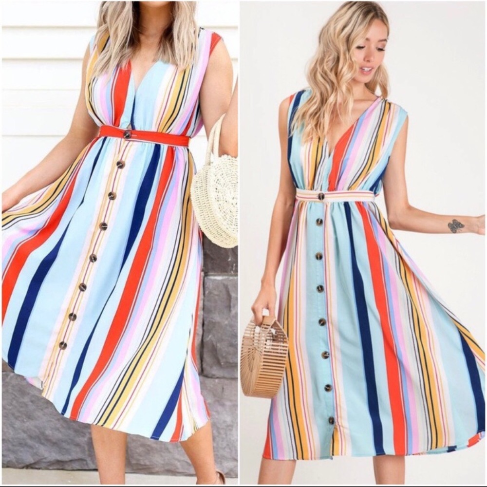 Stunning colorful stripes women’s midi dress spring summer - Picture 1 of 5